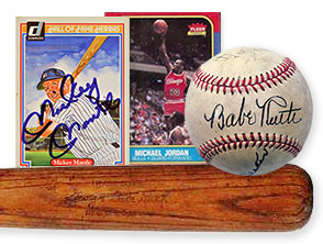 Mickey Mantle autographed baseball card, Babe Ruth signed bat, Babe Ruth baseball, Michael Jordan basketball card