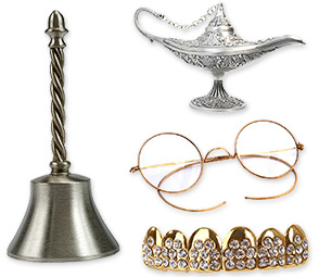 silver bell, gold teeth, gold rimmed glasses, silver lamp