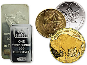silver bars and gold coins